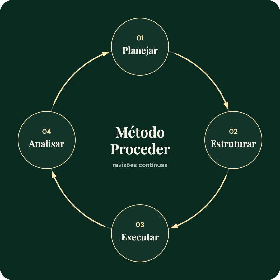 Metodologia de marketing digital: ciclo do Método Proceder com as etapas Planejar, Estruturar, Executar e Analisar